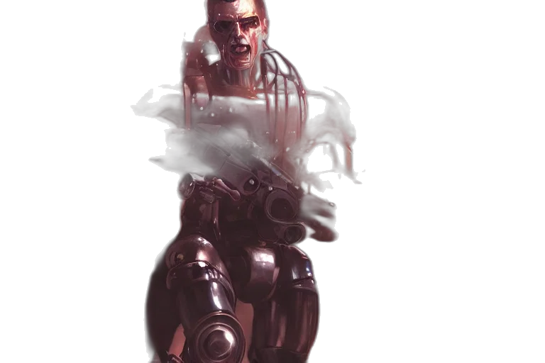 robot, weapon, cyberpunk, concept art, fantasy art, comic book art, fog, red transparent PNG cut-out