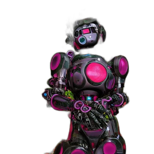 robot, weapon, staff, 3d render, concept art, cyberpunk, vaporwave, colourful transparent PNG cut-out