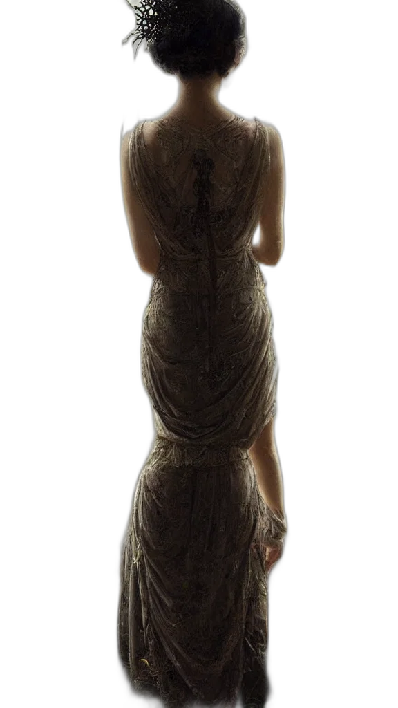 dress, jewelry, staff, crown, photorealistic, 3d render, earth tones, dark transparent PNG cut-out