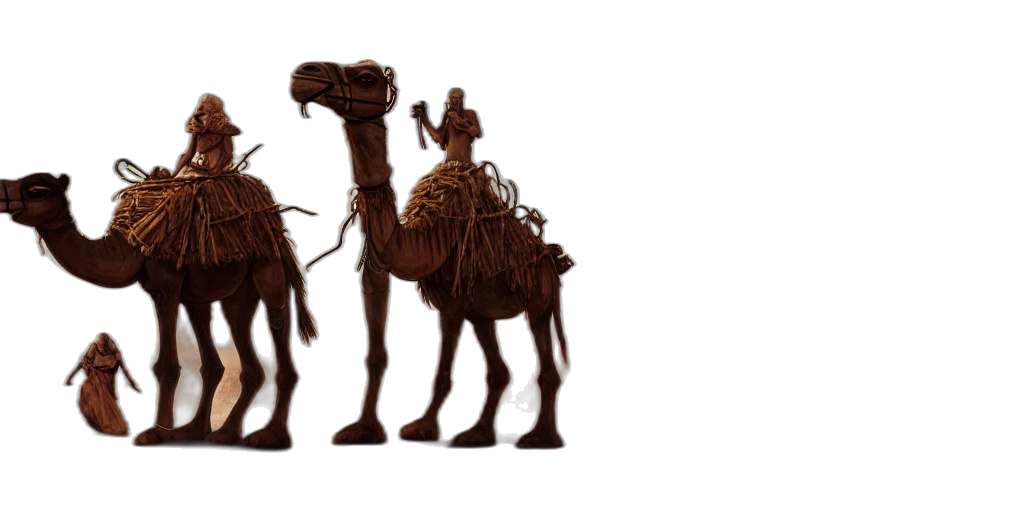 animal, 3d render, concept art, photorealistic, bipedal, humanoid, camel, merchants transparent PNG cut-out