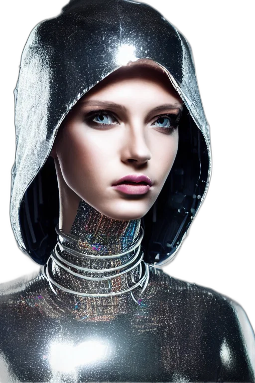 robot, jewelry, face, cyberpunk, photorealistic, concept art, fantasy art, dark transparent PNG cut-out