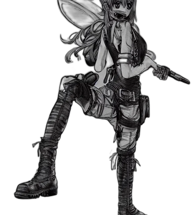 weapon, staff, jacket, concept art, fantasy art, cyberpunk, comic book art, monochrome transparent PNG cut-out