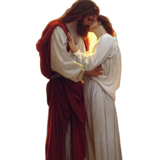 photorealistic, fire, neon lights, night, jesus, kissing, maria, maddalena transparent PNG cut-out