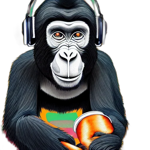 photorealistic, concept art, stoned, ape, headphones, knitted, cap, realistic transparent PNG cut-out