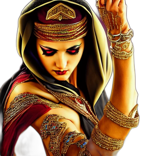 jewelry, fantasy art, photorealistic, comic book art, oil painting, golden, red, arabian transparent PNG cut-out