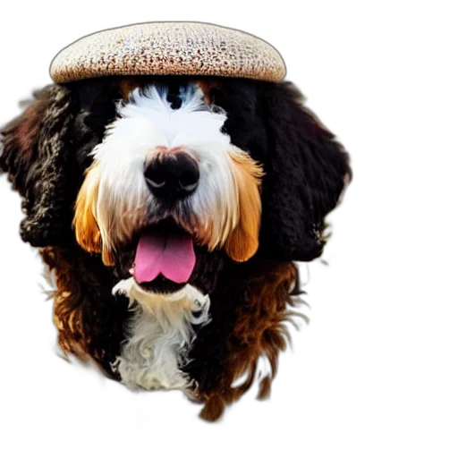 hat, animal, staff, photorealistic, 3d render, bernedoodle, wearing, stylized transparent PNG cut-out