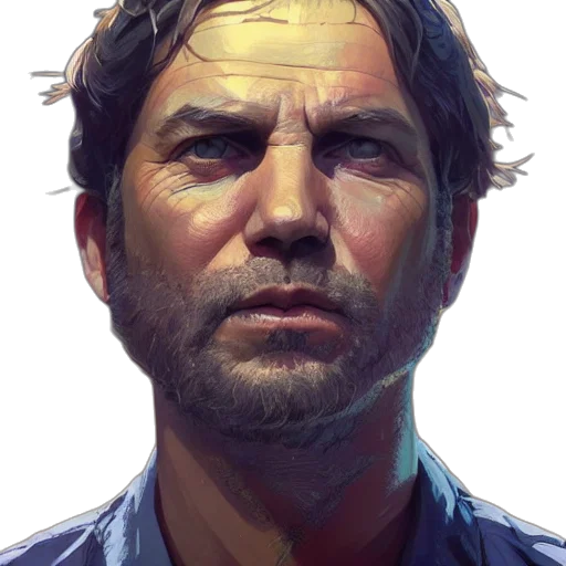 face, jacket, robot, staff, photorealistic, concept art, comic book art, oil painting transparent PNG cut-out