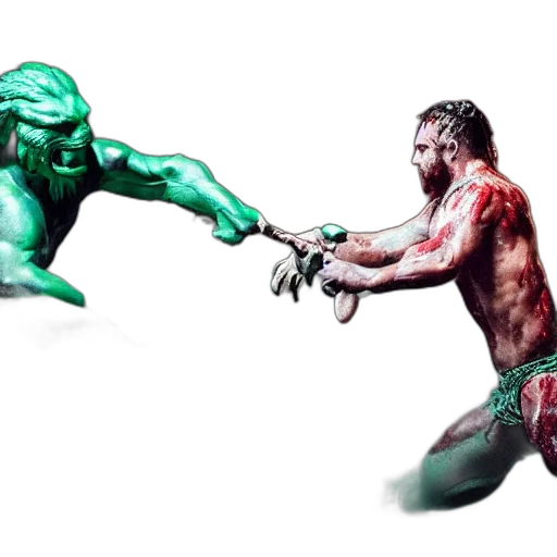 concept art, comic book art, fantasy art, photorealistic, green, predator, fighting, lion transparent PNG cut-out