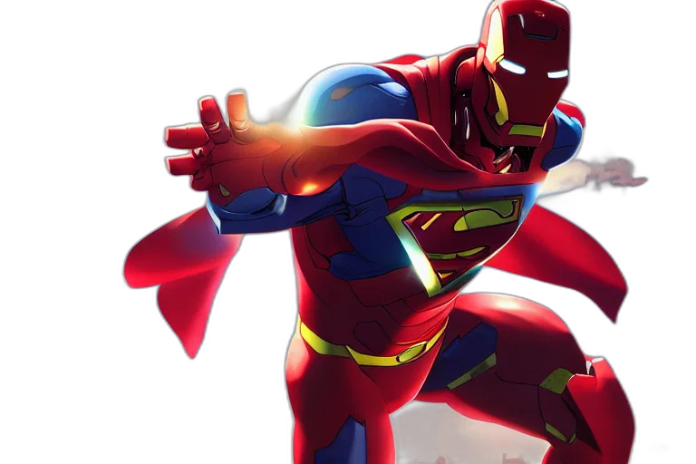 comic book art, concept art, 3d render, superman, ironman, suit, single, subject transparent PNG cut-out