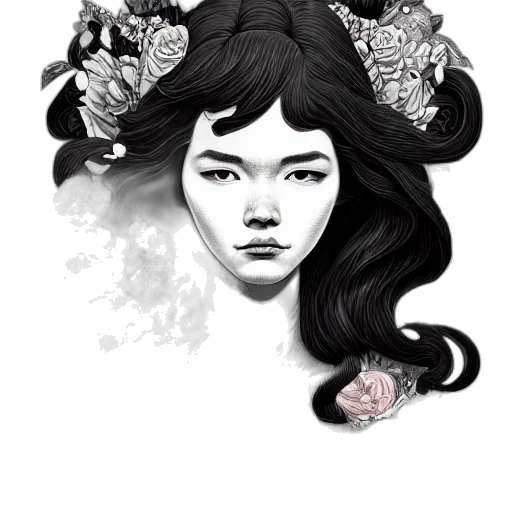 face, flower, crown, fantasy art, photorealistic, concept art, comic book art, monochrome transparent PNG cut-out