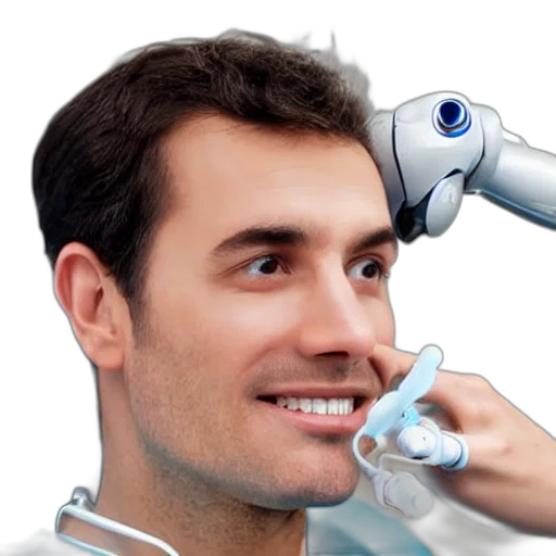 robot, staff, face, 3d render, vaporwave, photorealistic, robotic, dentist transparent PNG cut-out