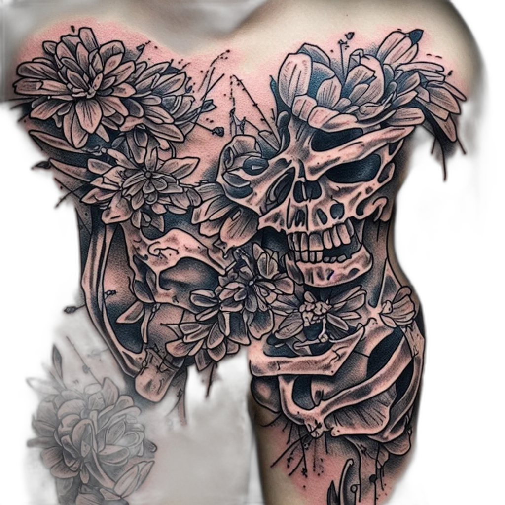 photorealistic, concept art, fantasy art, dark, monochrome, creative, skeleton, flower transparent PNG cut-out