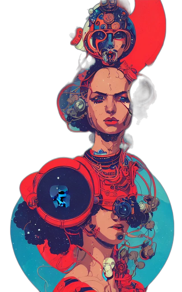 dress, robot, crown, face, cyberpunk, concept art, comic book art, fantasy art transparent PNG cut-out