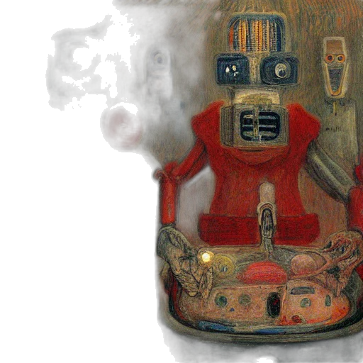 robot, bottle, mask, concept art, photorealistic, oil painting, fantasy art, fire transparent PNG cut-out