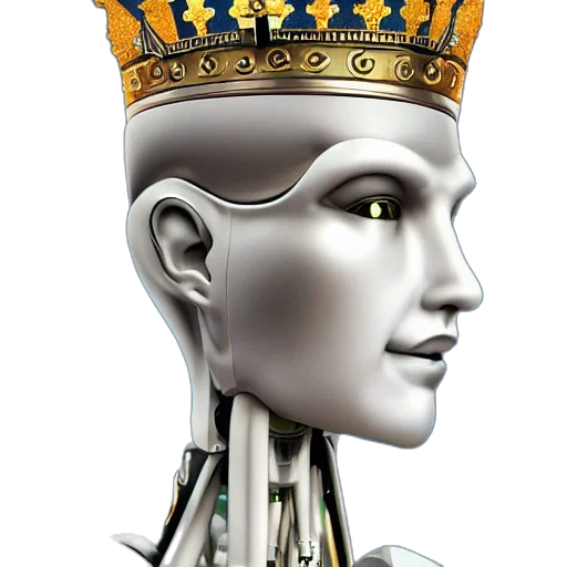 robot, crown, face, jewelry, concept art, 3d render, cyberpunk, fantasy art transparent PNG cut-out