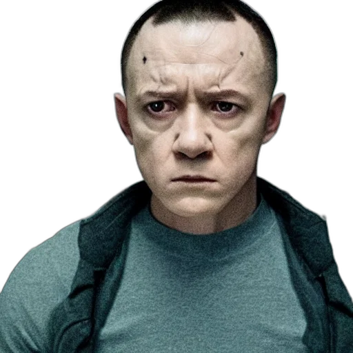 face, jacket, robot, mask, photorealistic, concept art, film, still transparent PNG cut-out