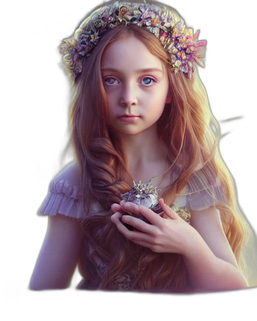crown, dress, jewelry, flower, photorealistic, fantasy art, oil painting, 3d render transparent PNG cut-out