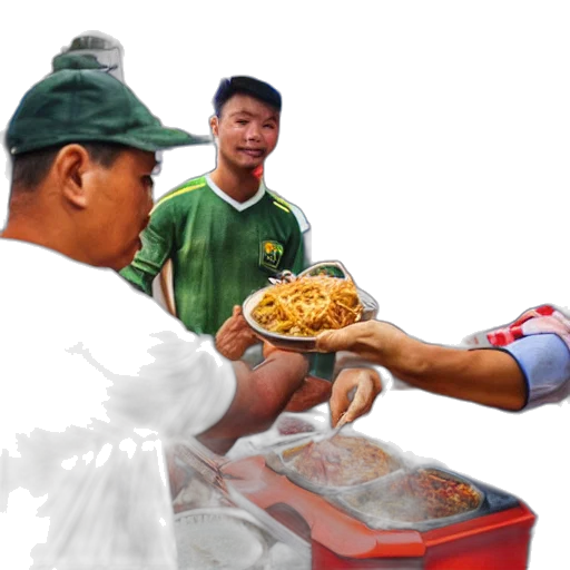 food, staff, photorealistic, oil painting, 3d render, fire, bakso, vendor transparent PNG cut-out