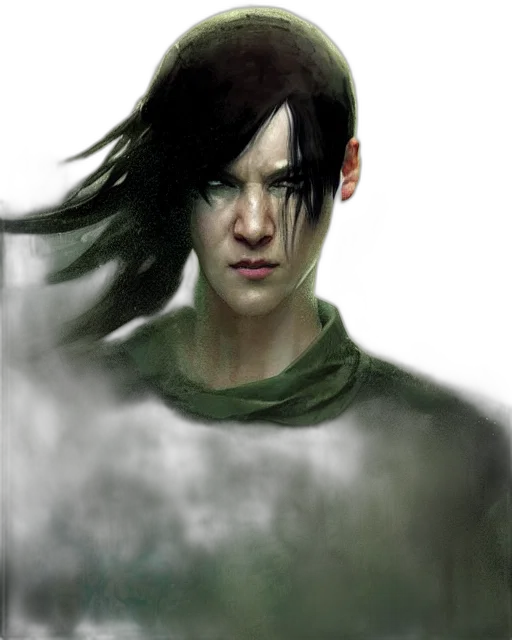 face, fantasy art, concept art, photorealistic, comic book art, fog, rain, green transparent PNG cut-out