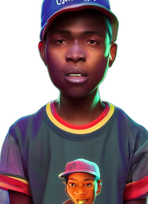face, hat, jacket, concept art, photorealistic, cartoon, 3d render, neon lights transparent PNG cut-out