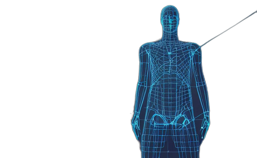 robot, dress, jacket, human, performance, wireframe, body, glowing transparent PNG cut-out