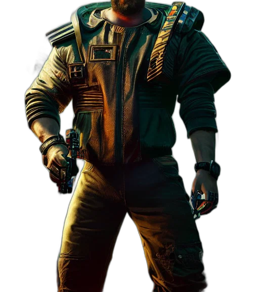 jacket, weapon, face, staff, concept art, cyberpunk, comic book art, 3d render transparent PNG cut-out
