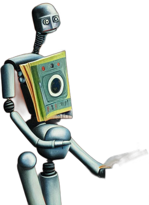robot, staff, concept art, 3d render, cyberpunk, cartoon, portrait, reading transparent PNG cut-out