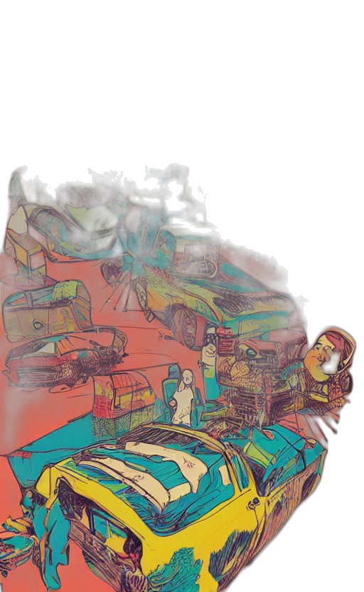 car, robot, mask, concept art, comic book art, fantasy art, vaporwave, city street transparent PNG cut-out