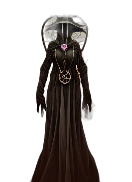 mask, jewelry, dress, staff, concept art, fantasy art, 3d render, dark transparent PNG cut-out