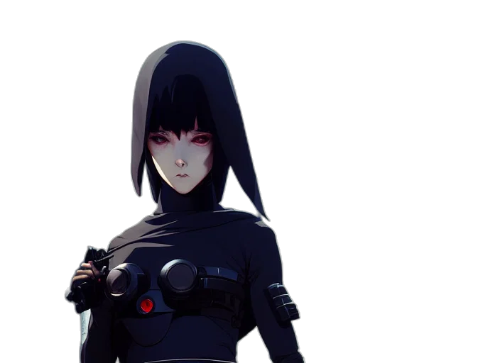 robot, mask, staff, jacket, concept art, cyberpunk, pixel art, 3d render transparent PNG cut-out