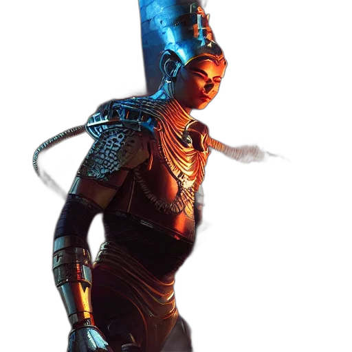 staff, robot, mask, crown, concept art, fantasy art, cyberpunk, 3d render transparent PNG cut-out