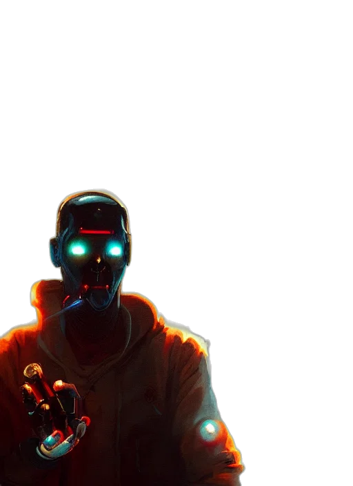 robot, mask, face, jacket, cyberpunk, concept art, 3d render, vaporwave transparent PNG cut-out
