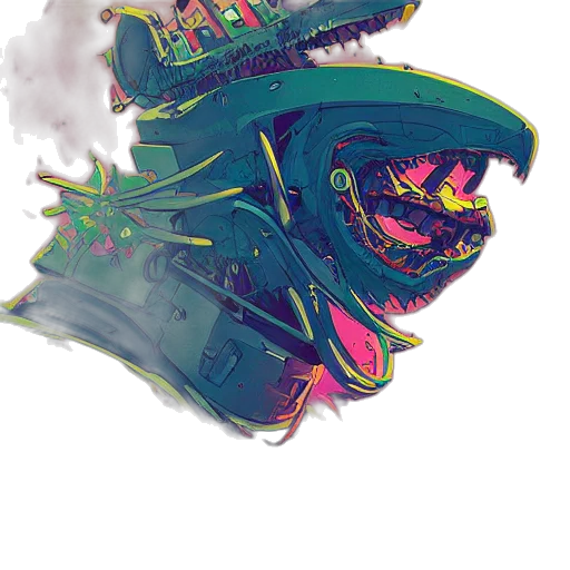 dragon, mask, creature, weapon, concept art, cyberpunk, fantasy art, vaporwave transparent PNG cut-out