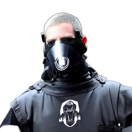 mask, jacket, staff, robot, cyberpunk, concept art, 3d render, eminem transparent PNG cut-out