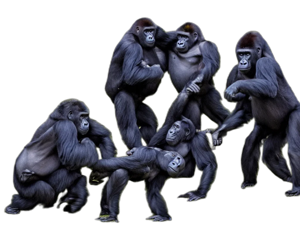 animal, concept art, photorealistic, 3d render, gorillas, playing, soccer, vivid transparent PNG cut-out