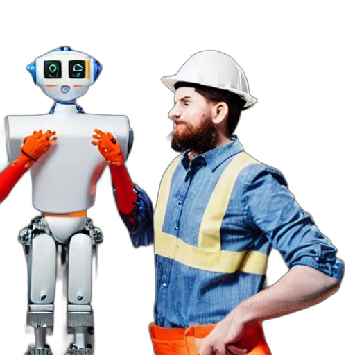 robot, 3d render, concept art, man, dressed, construction, clothes, next transparent PNG cut-out
