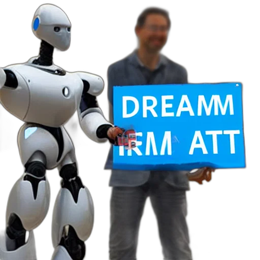 robot, 3d render, artificial, intelligence, holding, sign, text, reads transparent PNG cut-out