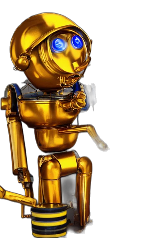 robot, staff, concept art, 3d render, cyberpunk, cartoon, golden, portrait transparent PNG cut-out