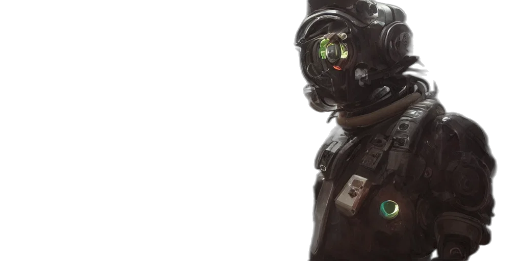 robot, mask, staff, weapon, concept art, cyberpunk, 3d render, fantasy art transparent PNG cut-out