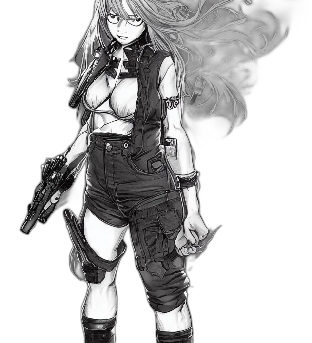 weapon, concept art, comic book art, cyberpunk, anime, monochrome, dark, full transparent PNG cut-out