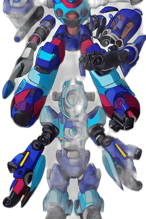 robot, weapon, concept art, 3d render, vaporwave, anime, blue, boss transparent PNG cut-out