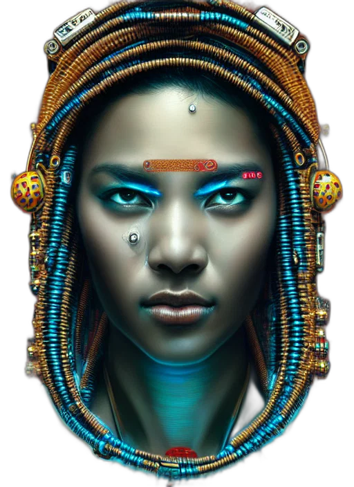 jewelry, face, robot, crown, fantasy art, concept art, cyberpunk, photorealistic transparent PNG cut-out