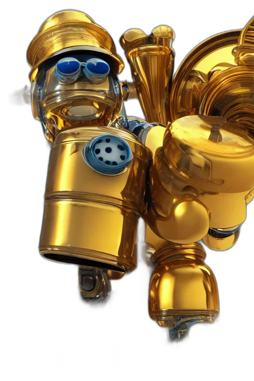 robot, jewelry, weapon, staff, 3d render, concept art, photorealistic, golden transparent PNG cut-out