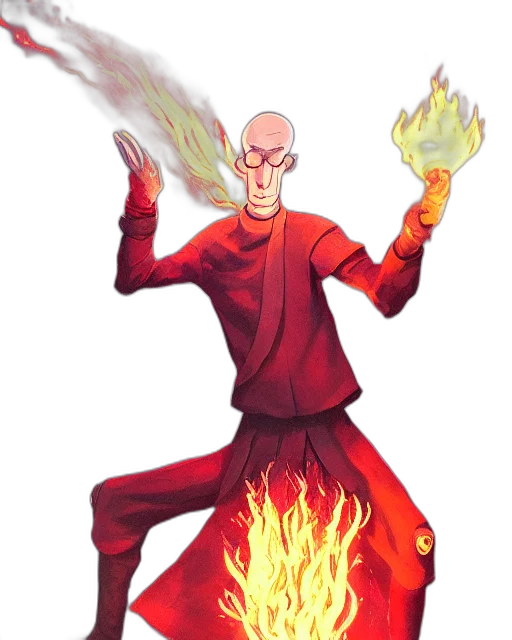 jacket, staff, concept art, fantasy art, pixel art, comic book art, fire, red transparent PNG cut-out