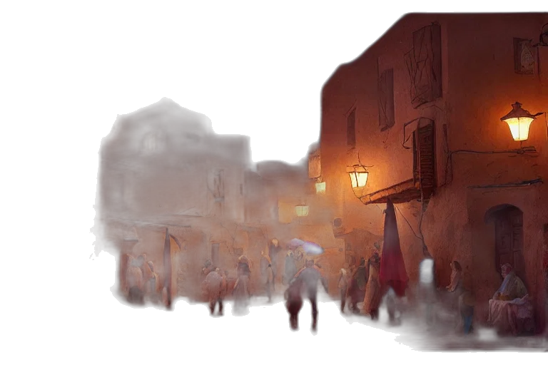 mask, umbrella, concept art, photorealistic, fantasy art, watercolor, fog, city street transparent PNG cut-out