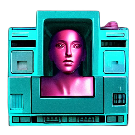 robot, face, jewelry, vaporwave, cyberpunk, 3d render, pixel art, neon lights transparent PNG cut-out