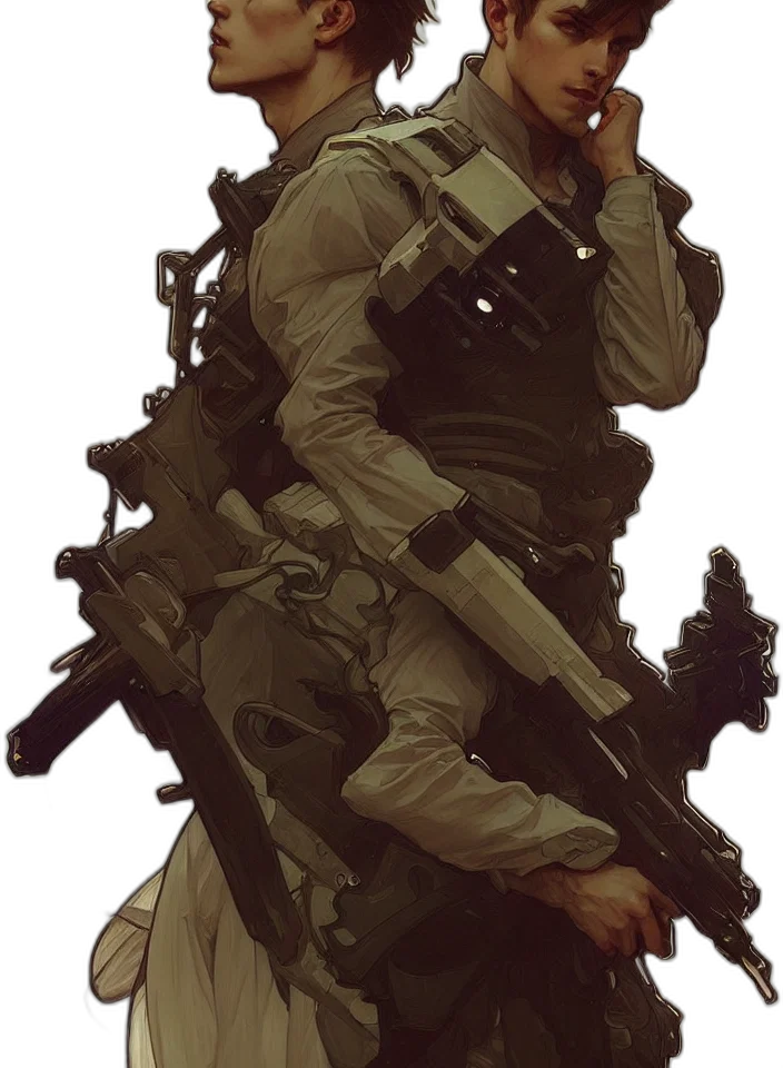 weapon, jacket, staff, face, concept art, photorealistic, pixel art, 3d render transparent PNG cut-out