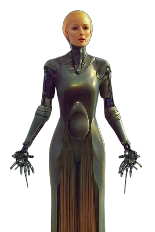 robot, dress, staff, concept art, cyberpunk, 3d render, comic book art, dark transparent PNG cut-out