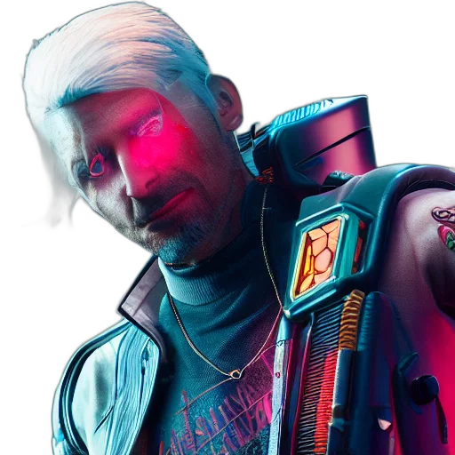 jacket, robot, face, weapon, cyberpunk, concept art, vaporwave, comic book art transparent PNG cut-out