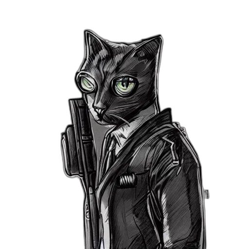 jacket, staff, comic book art, cyberpunk, concept art, cartoon, cat, suit transparent PNG cut-out